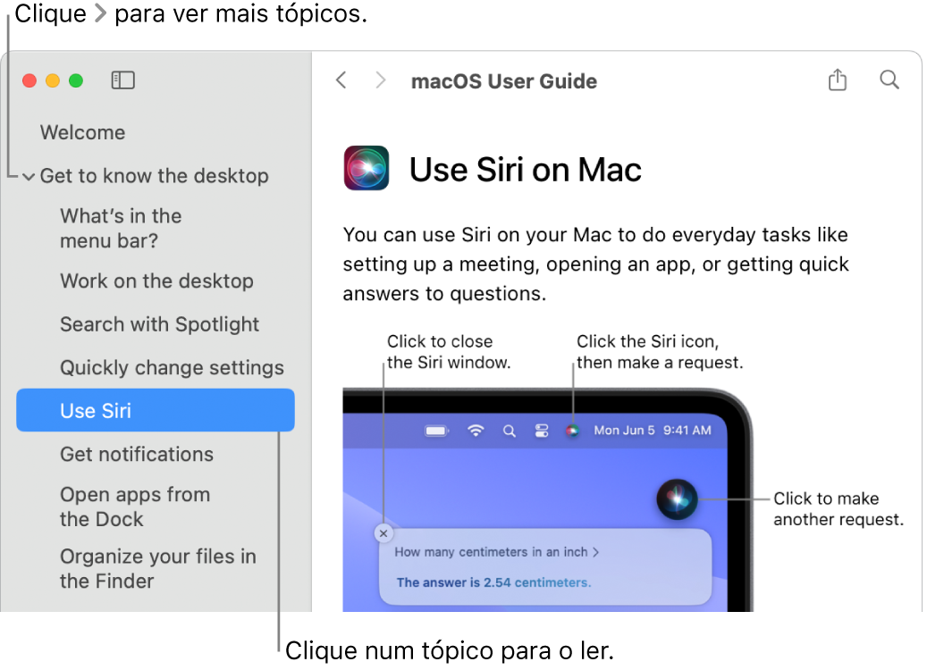 O Visualizador da Ajuda com uma indicação a descrever como visualizar tópicos na barra lateral e outra chamada a descrever como apresentar o conteúdo de um tópico.