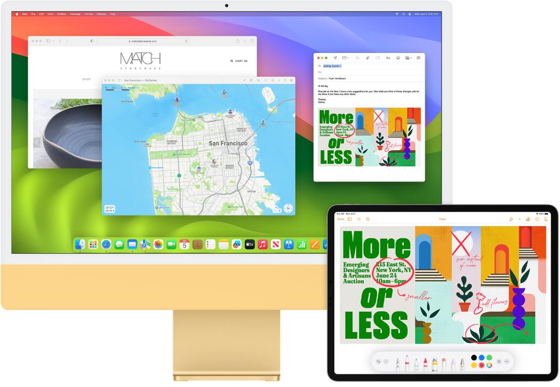 并排显示的 iMac 和 iPad。iPad 屏幕显示带有注解的传单。iMac 屏幕显示“邮件”中的一封邮件，其中附件为来自 iPad 的带注解的传单。