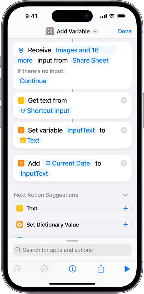 Set Variable and Add to Variable actions in shortcut editor.