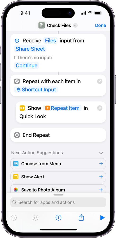 Quick look action in the shortcut editor.