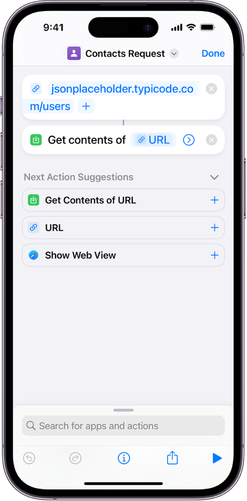 An API request that contains a URL action pointing at the API endpoint, followed by a Get Contents of URL action.