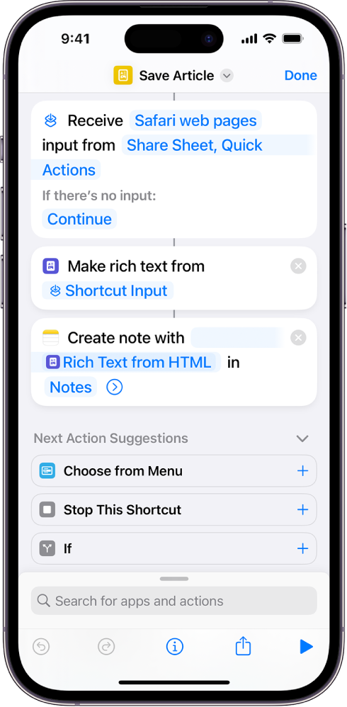 Actions shown in the shortcut editor.