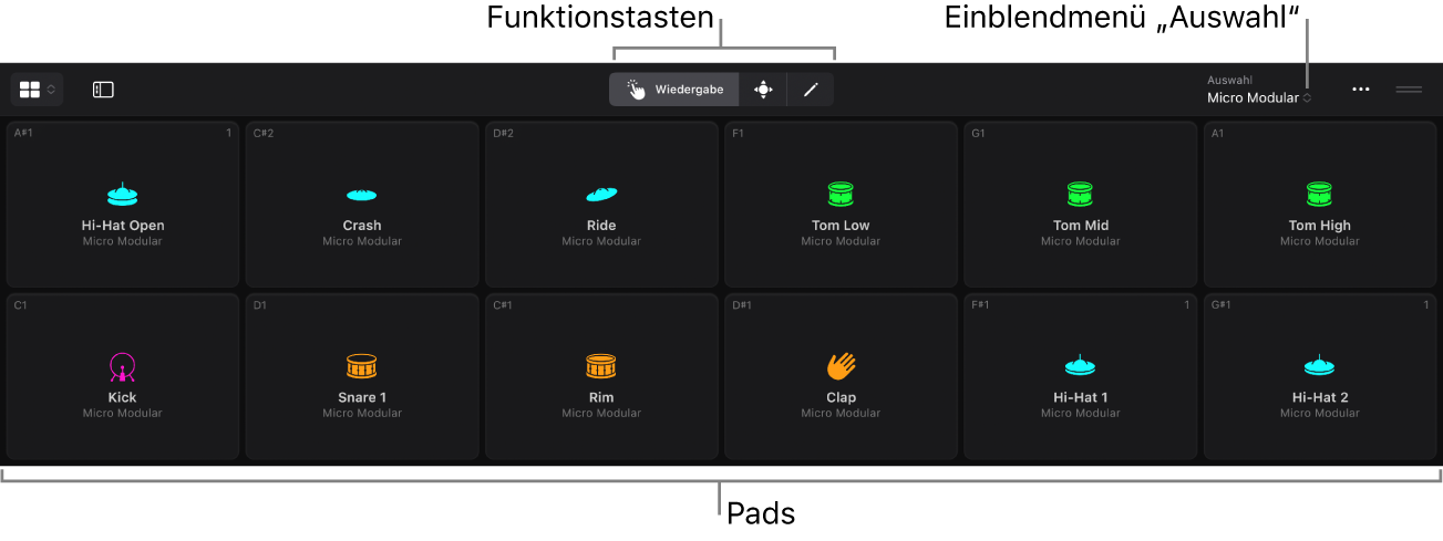 Die Spieloberfläche von Drum Machine Designer mit Funktionstaste, Einblendmenü „Selection“ und Pads.