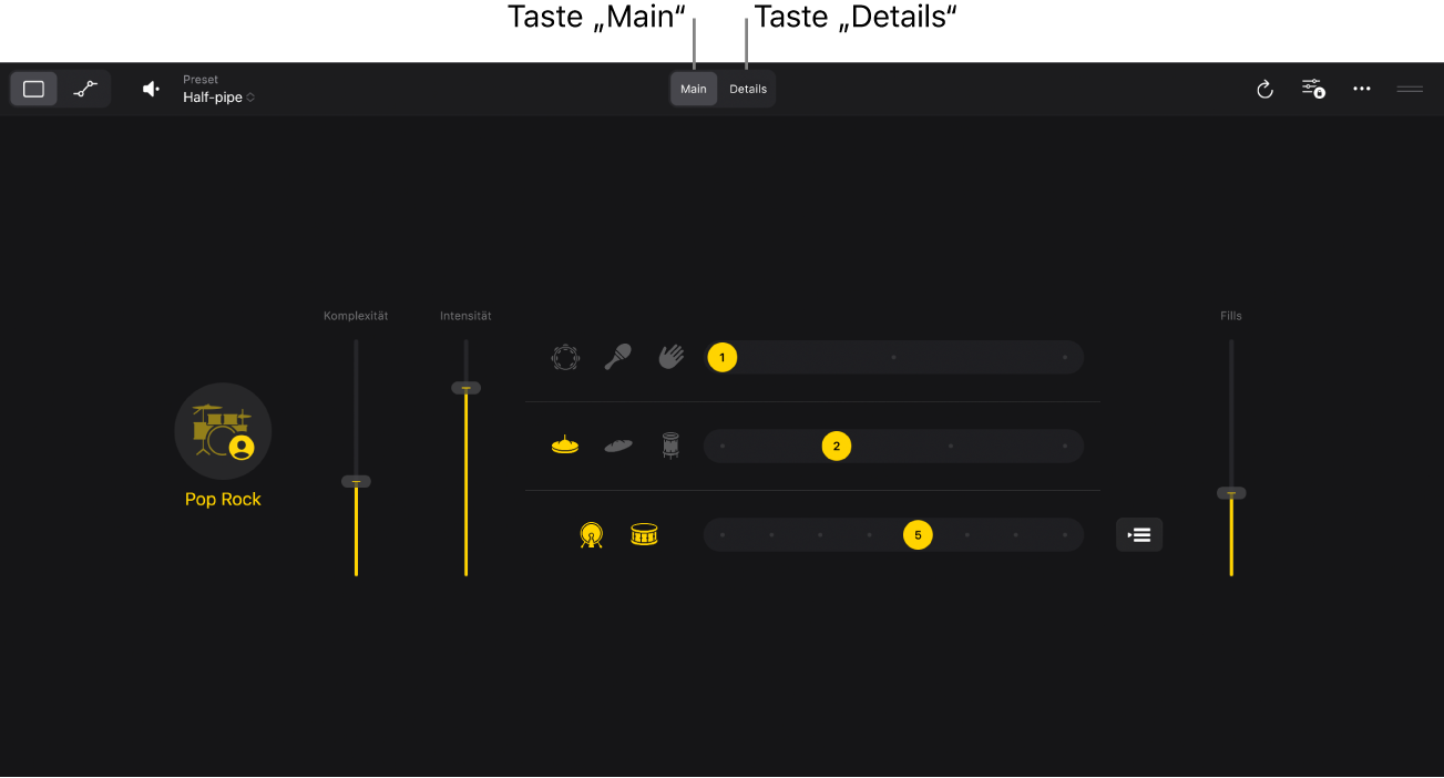 Abbildung. Die Tasten „Main“ und „Details“ im Drummer-Editor.