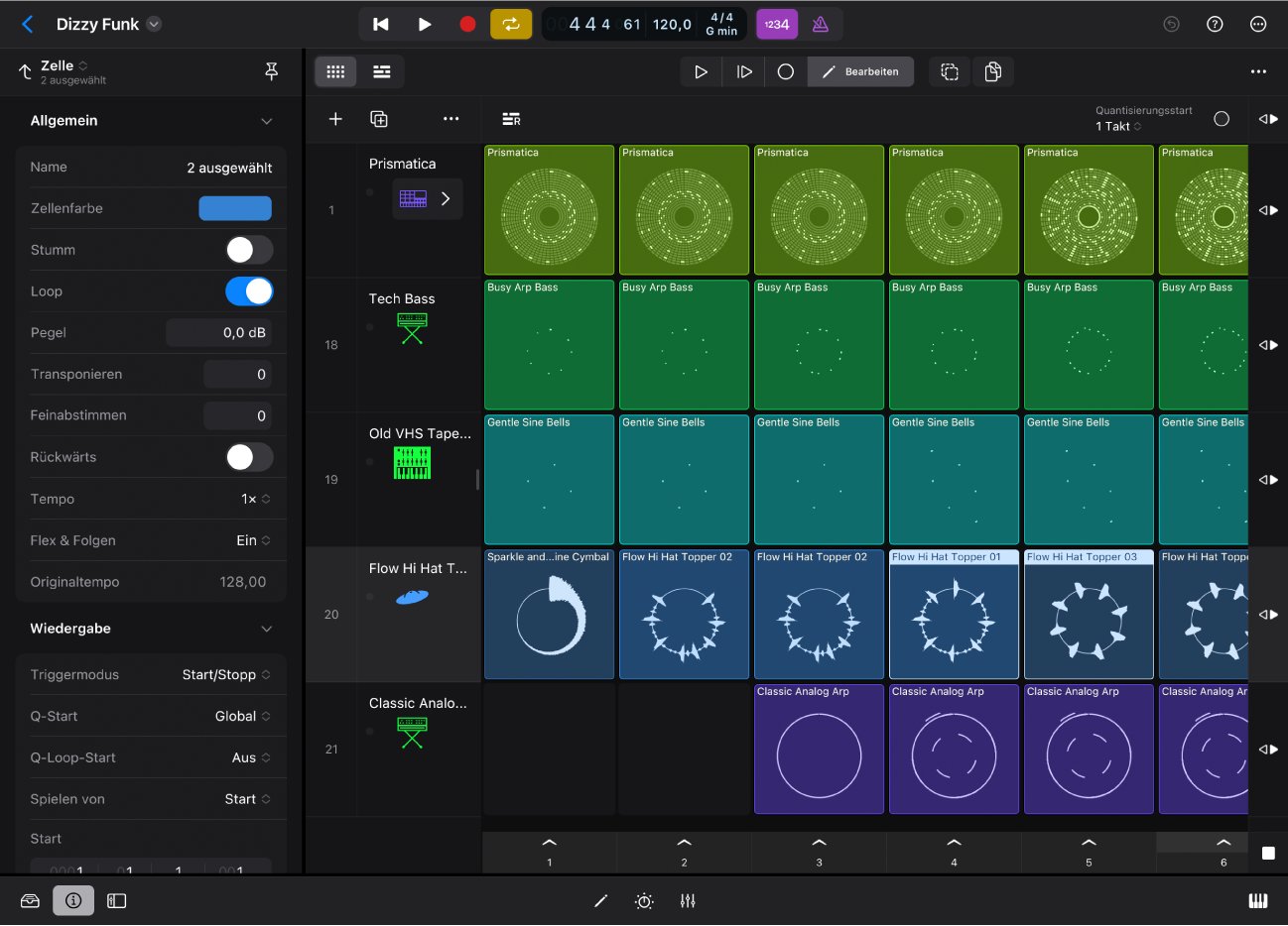 Abbildung. Der Modus „Zelle bearbeiten“ in Live Loops mit dem geöffneten Informationsfenster „Zelle“.