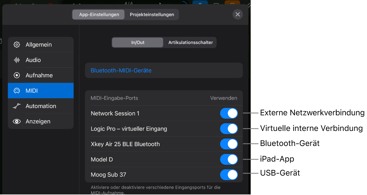 MIDI-Einstellungen „In/Out“.