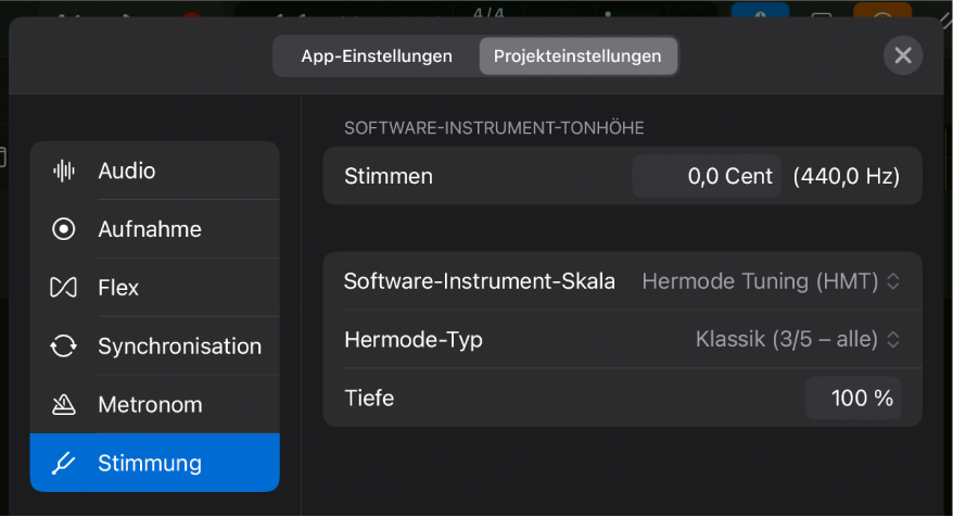 Der Projekteinstellungsbereich „Stimmung“