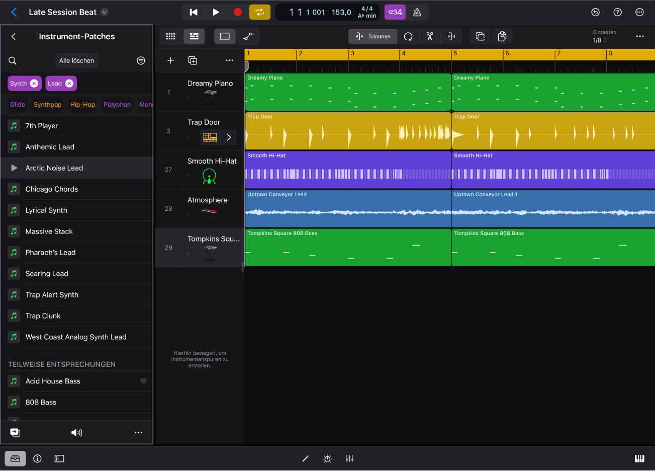 Abbildung. Logic Pro für iPad mit der Ansicht „Instrument-Patches“ in der Übersicht.