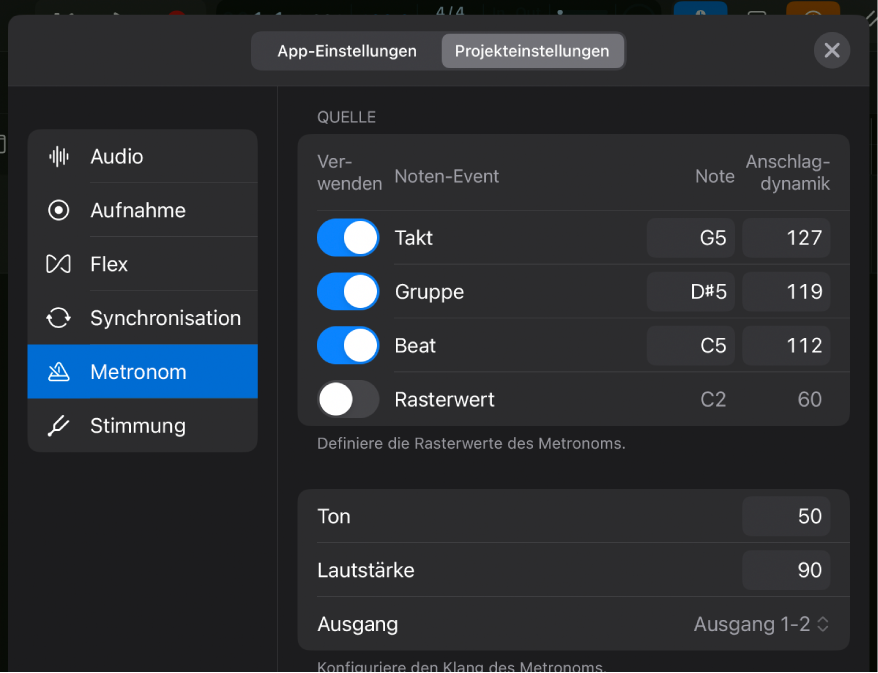 Projekteinstellungsbereich „Metronom“