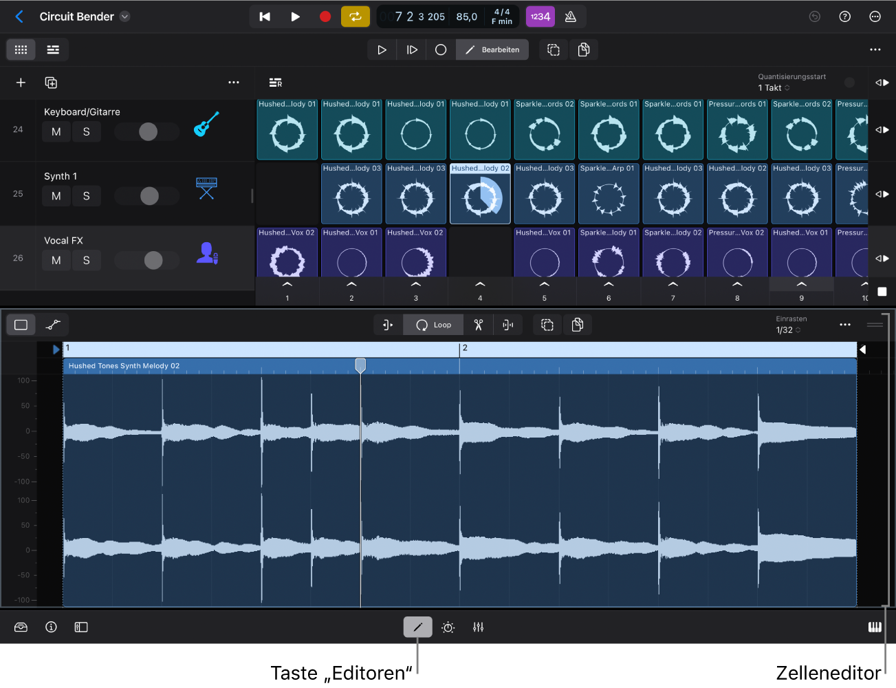 Abbildung. Zelleneditor mit der Audiowellenform für die ausgewählte Zelle.