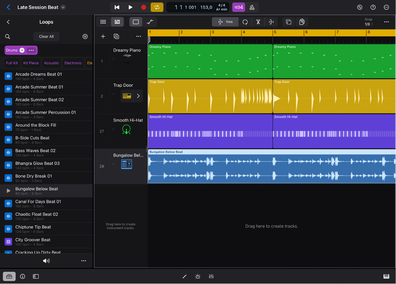 Figure. Logic Pro for iPad showing Loops view in the Browser.