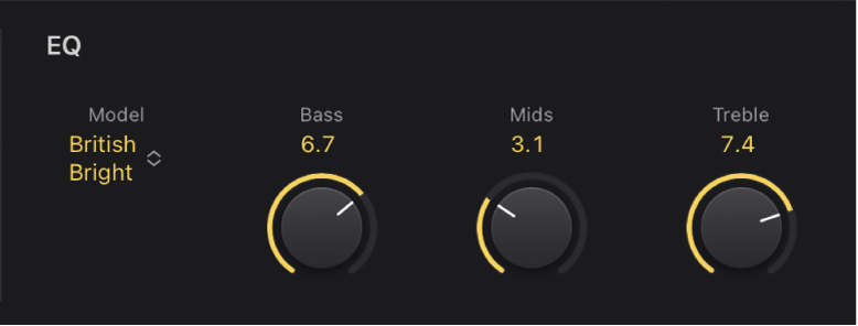 Figure. EQ pop-up menu and Bass, Mids, and Treble knobs.