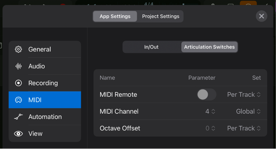 Articulation Switches MIDI settings.