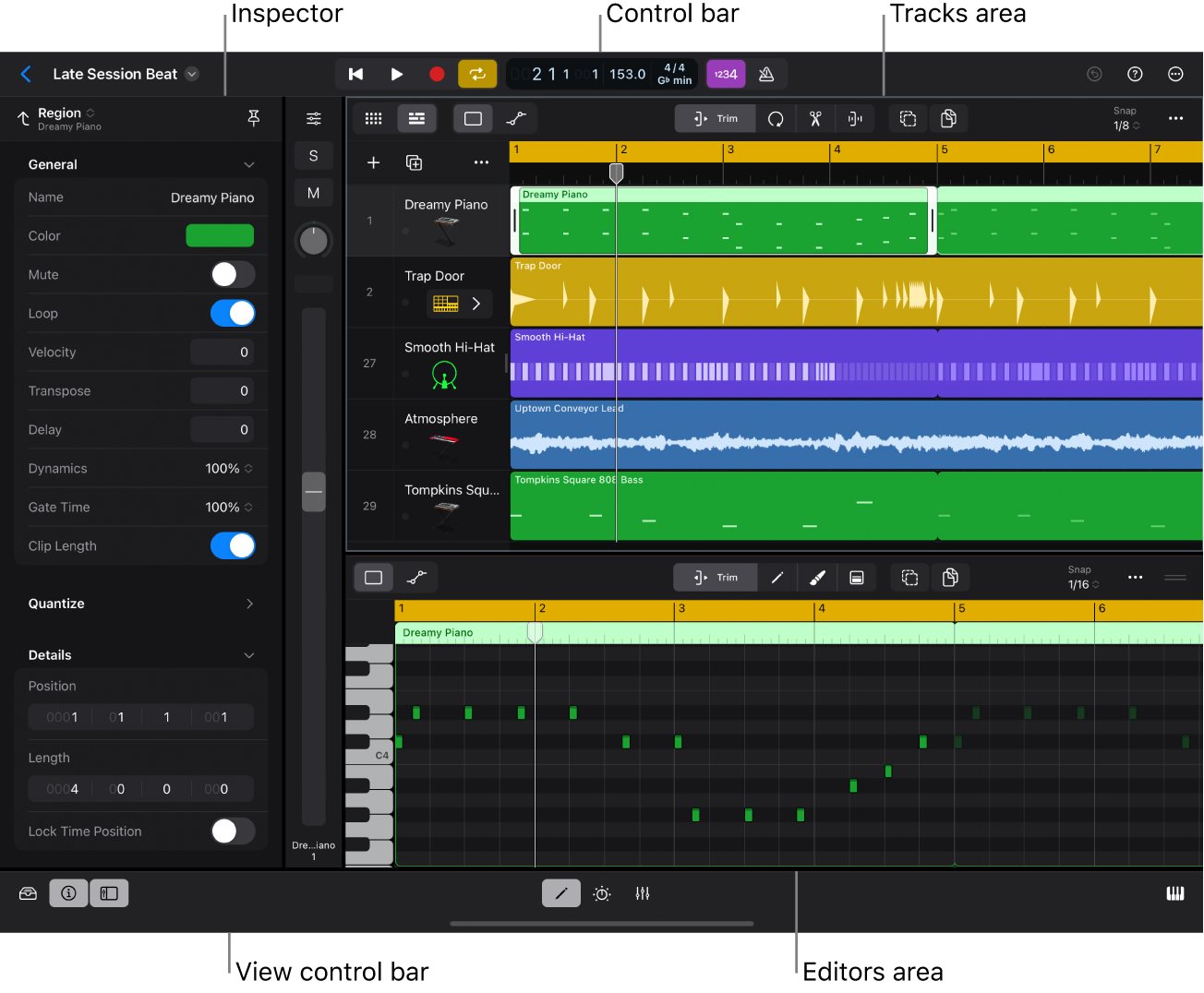 Figure. Logic Pro interface showing Tracks area, inspector, and Piano Roll Editor open.