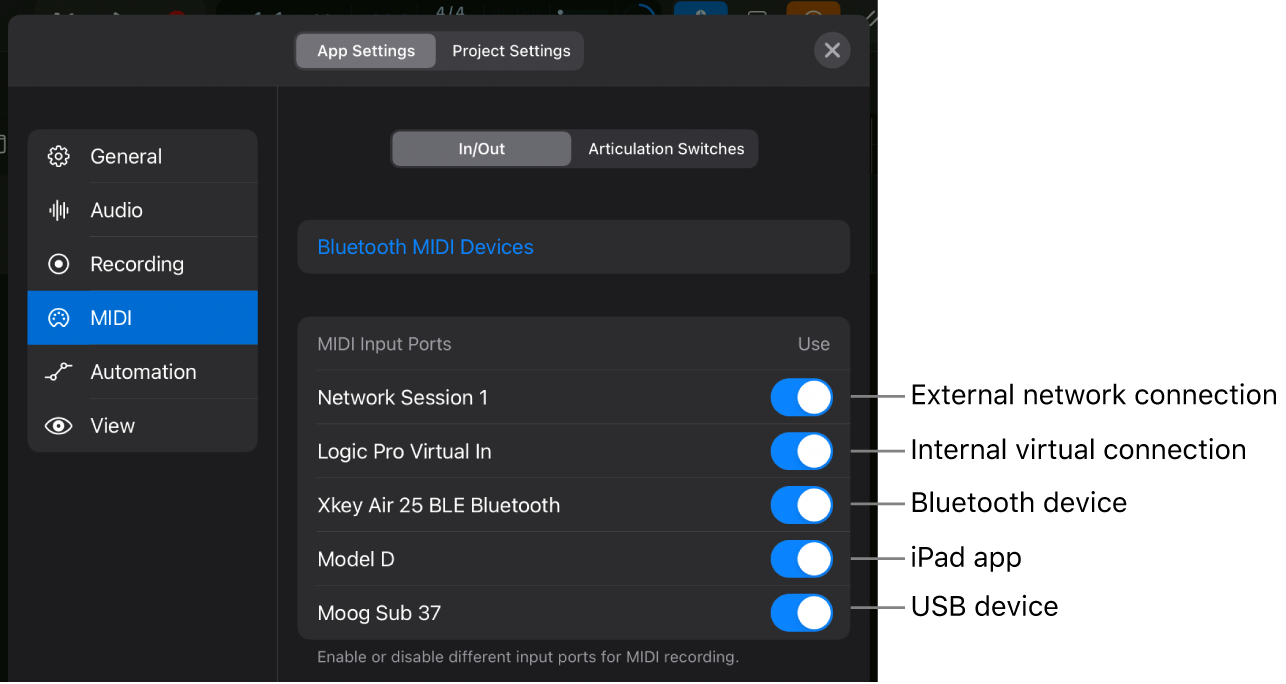 In/Out MIDI settings.