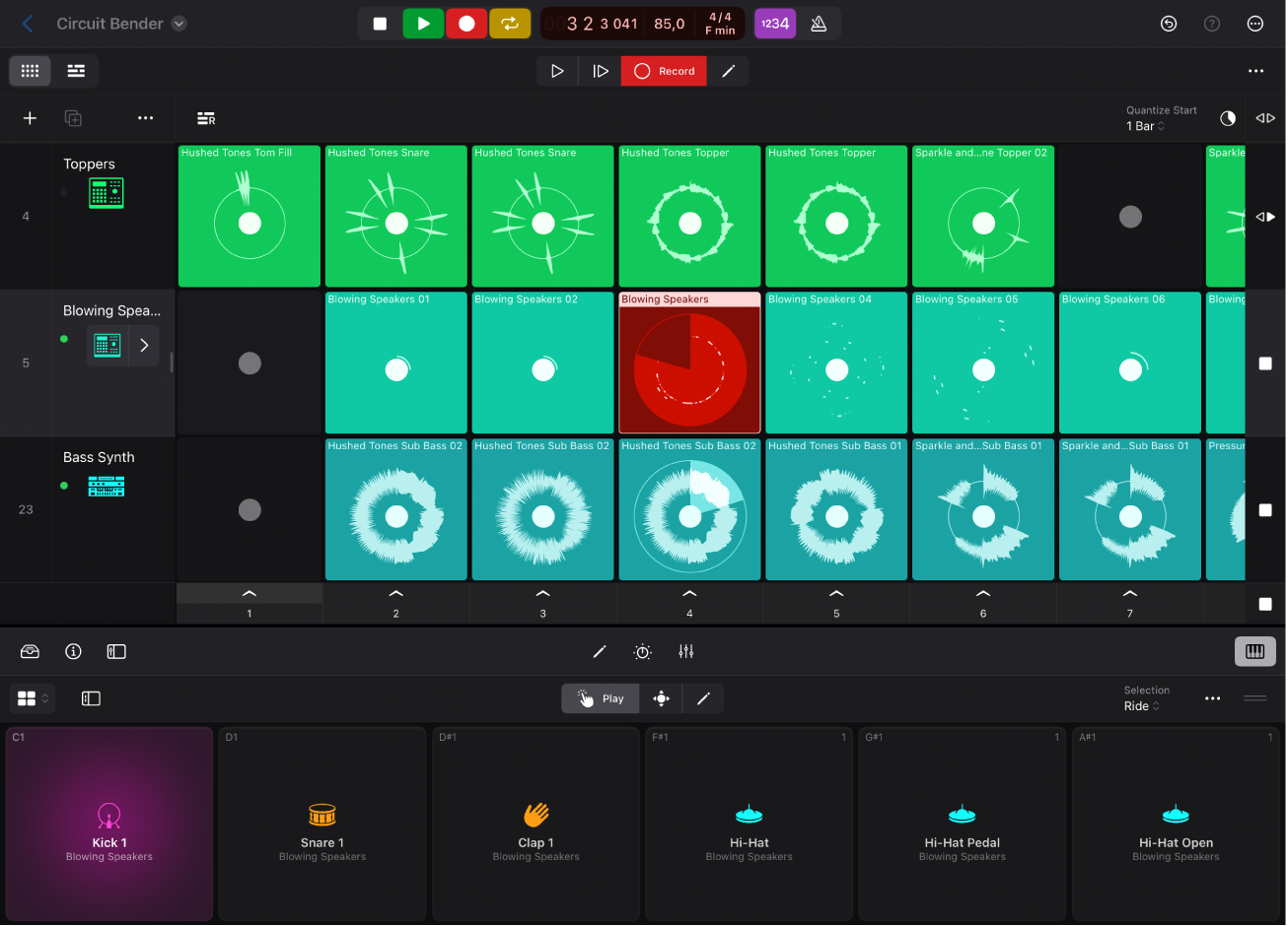 Figure. Drum Pads being used to record to a cell.