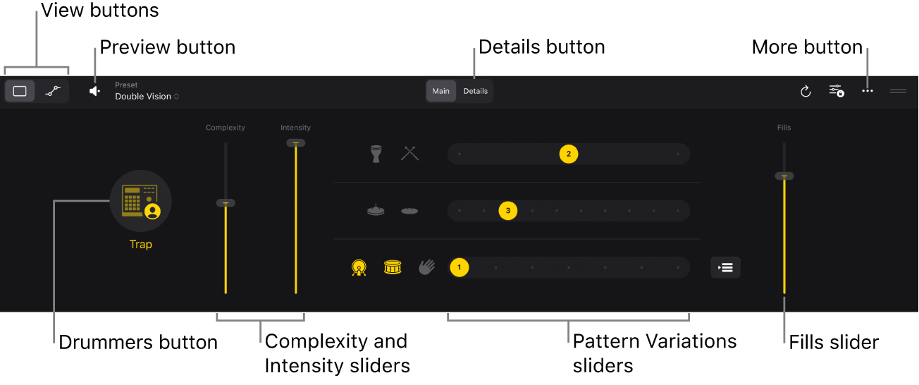 Figure. Drummer Editor showing menu bar controls, Genre button, slider controls.