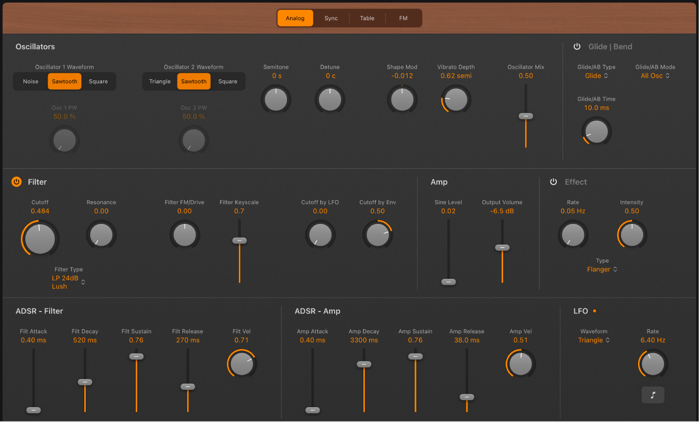 Figure. Retro Synth Analog oscillator parameters.