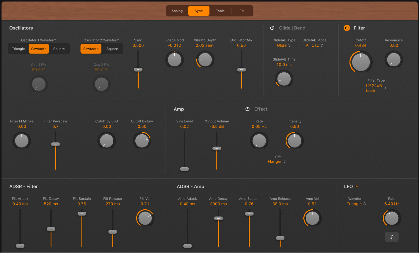 Figure. Retro Synth Sync oscillator parameters.