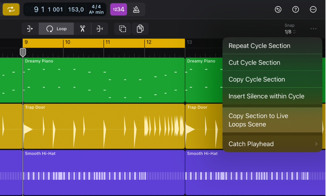 Figure. The More menu in the Tracks area menu bar with Copy Section to Live Loops highlighted.