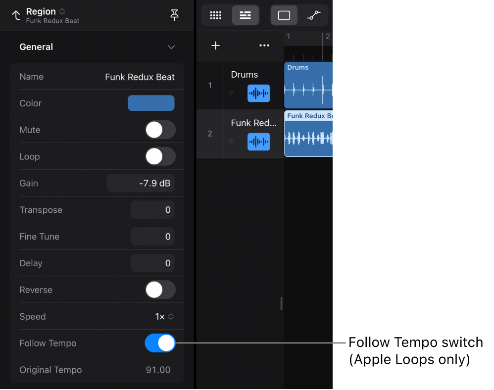 Figure. Region inspector showing the Follow Tempo switch for audio Apple Loops.