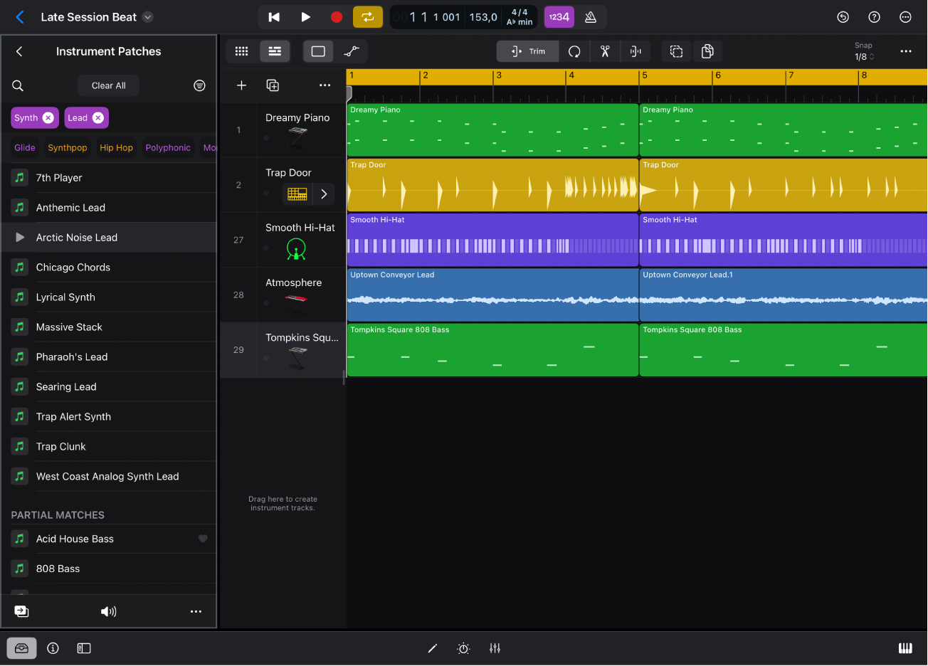 Figure. Logic Pro for iPad showing Instrument Patches view in the Browser.