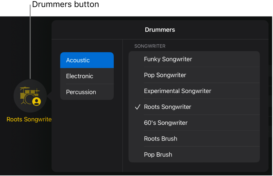 Figure. Drummers button and Drummers menu.