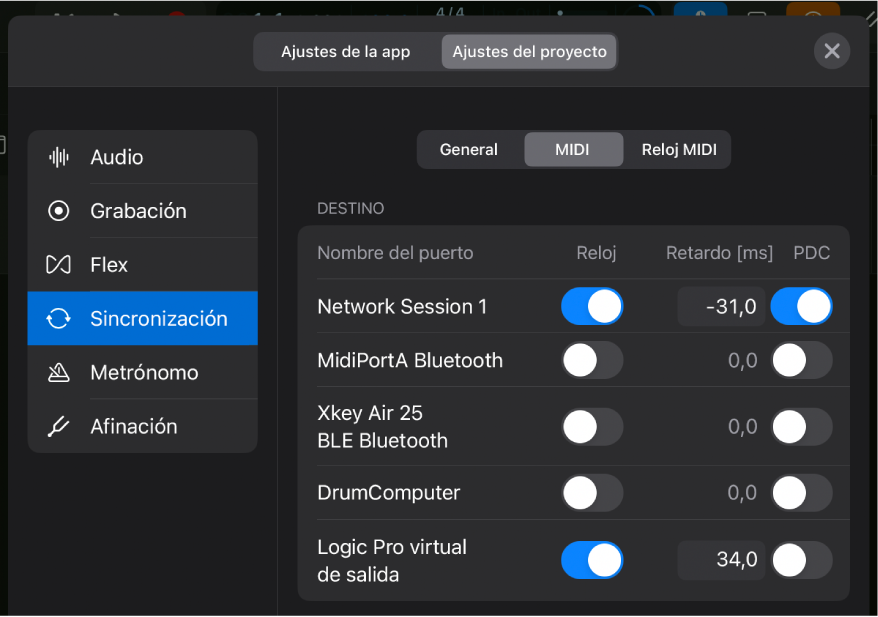 Pestaña MIDI del panel de ajustes del proyecto Sincronización.