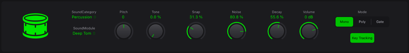 Figure. Interface Drum Synth avec son de grosse caisse et paramètres correspondants. Les paramètres changent en fonction des différents types de son de batterie choisis.