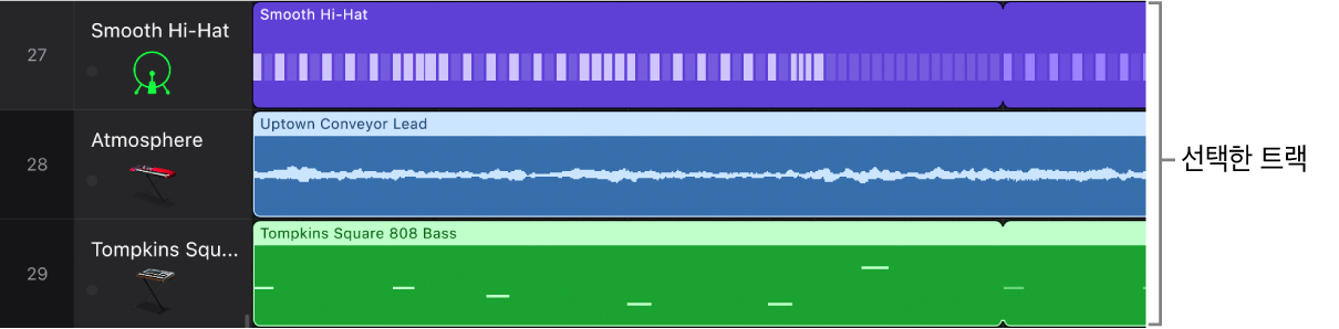 그림. 선택한 트랙이 표시된 트랙 영역.