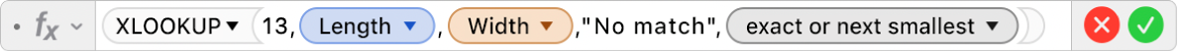 The formula editor showing the formula =XLOOKUP(13,Length,Width,"No match",1,-1).