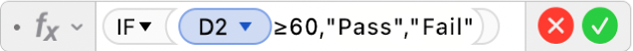 The Formula Editor showing the formula =IF(D2≥60,"Pass","Fail")).