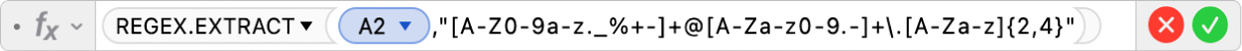 The Formula Editor showing the formula =REGEX.EXTRACT(A2,"[A-Z0-9a-z._%+-]+@[A-Za-z0-9.-]+\.[A-Za-z]{2,4}")