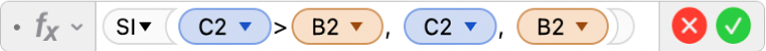 El editor de fórmulas mostrando la fórmula =SI(C2>B2, C2, B2).