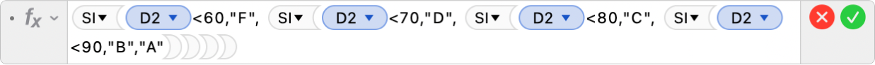 El editor de fórmulas mostrando la fórmula =SI(D2<60,"F", SI(D2<70,"D", SI(D2<80,"C", SI(D2<90,"B","A")))).