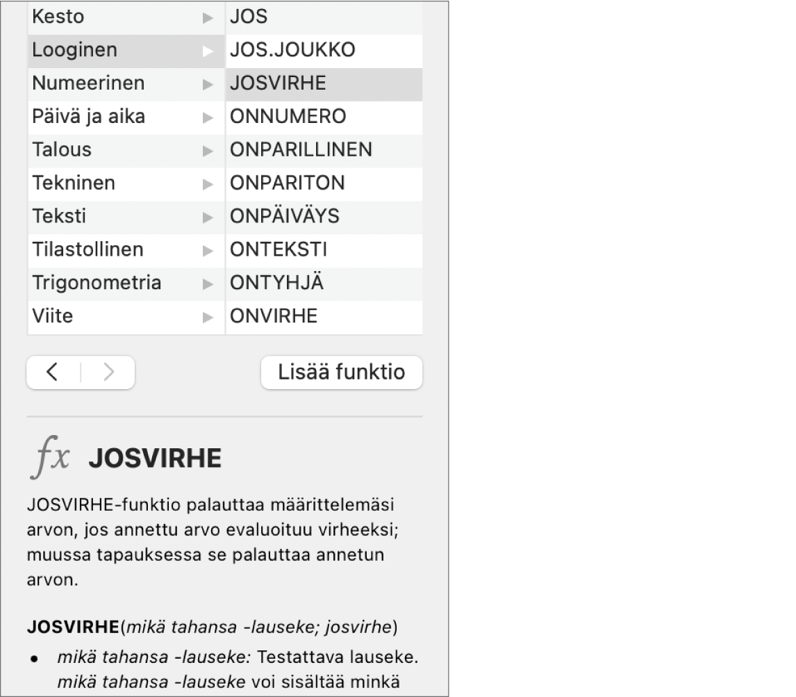 Funktioselaimessa näkyvät JOSVIRHE-funktion tiedot.