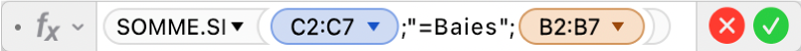 L’éditeur de formules affichant la formule =SOMME.SI(C2:C7;"=Baies";B2:B7).