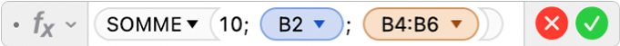 L’éditeur de formules affichant la formule =SOMME(10; B2; B4:B6).