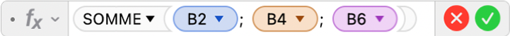 L’éditeur de formules affichant la formule =SOMME(B2; B4; B6).