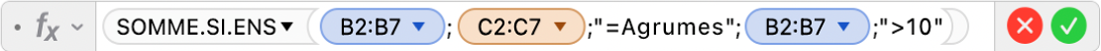 L’éditeur de formules affichant la formule =SOMME.SI.ENS(B2:B7;C2:C7;"=Agrumes";B2:B7;">10").