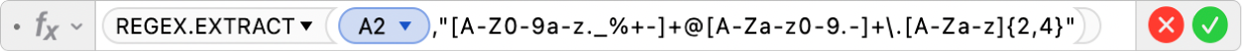 数式エディタ。「=REGEX.EXTRACT(A2,"[A-Z0-9a-z._%+-]+@[A-Za-z0-9.-]+\.[A-Za-z]{2,4}")」という数式が表示されています。