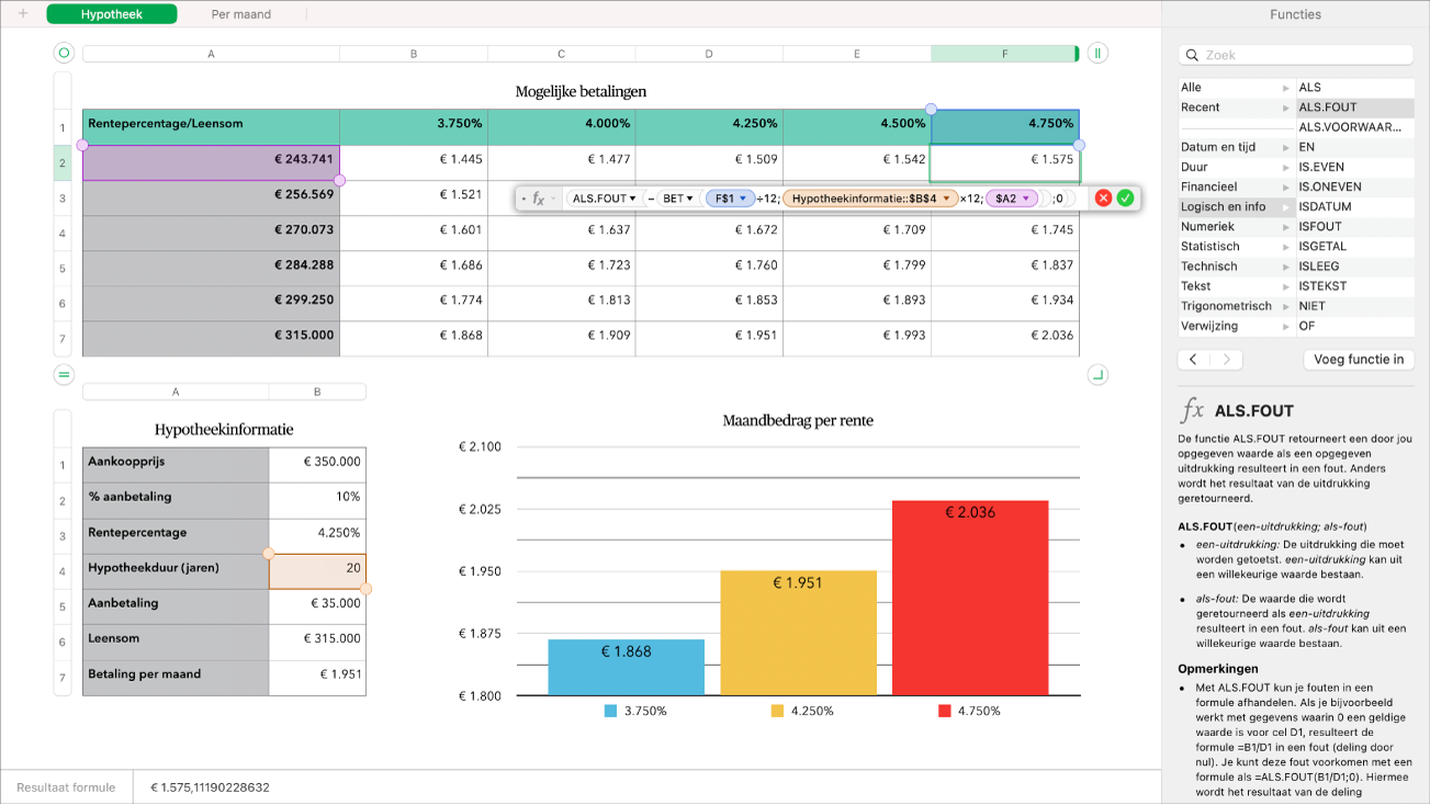 Een spreadsheet met een formule voor de opbrengst van een inzamelingsactie en daarnaast de navigatiekolom 'Functies'.