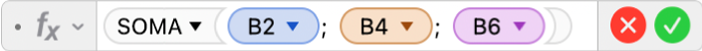 Editor de Fórmulas mostrando a fórmula =SOMA(B2, B4, B6).