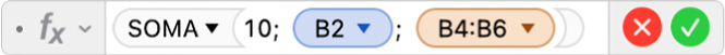 Editor de Fórmulas mostrando a fórmula =SOMA(10, B2, B4:B6).