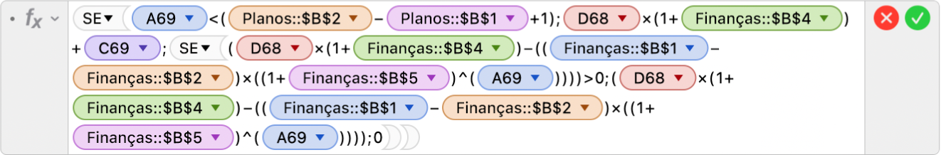 O editor de fórmulas a mostrar condições e caracteres de substituição, tal como < e ^ usadas com a função SE.