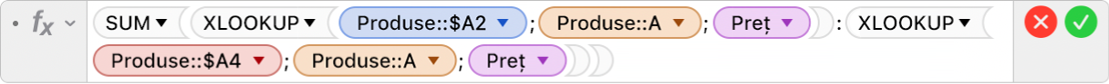 Editorul de formule afișând formula =SUM(XLOOKUP(Produse::$A2;Produse::A;Preț):XLOOKUP(Produse::$A4;Produse::A;Preț)).