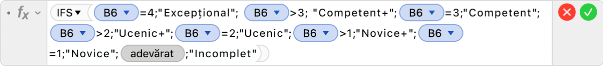 Editorul de formule afișând formula =IFS(B6=4,"Excepțional", B6>3, "Competent+",B6=3,"Competent",B6>2,"Ucenic",B6=2,"Ucenic",B6>1,"Novice+",B5=1,"Novice",TRUE,"Incomplet").