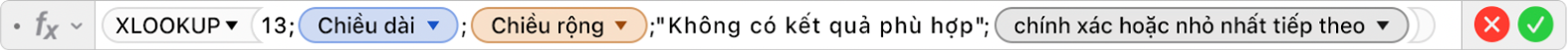 Trình sửa công thức đang hiển thị công thức =XLOOKUP(13;Chiều dài;Chiều rộng;"Không có kết quả phù hợp";1;-1).