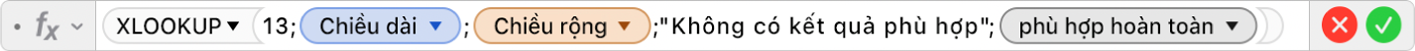 Trình sửa công thức đang hiển thị công thức =XLOOKUP(13;Chiều dài;Chiều rộng;"Không có kết quả phù hợp";0).