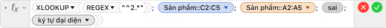 Trình sửa công thức đang hiển thị công thức =XLOOKUP(REGEX("^2.*"); Các sản phẩm::C2:C5; Các sản phẩm::A2:A5; FALSE;2).